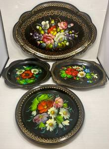 lot 3 image: Vintage USSR Hand Painted Floral Design Trays 1970s