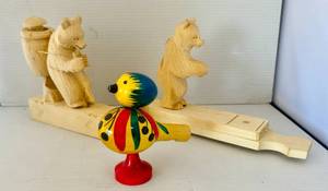 lot 44 image: Russian Folk Art Hand Painted Wooden Bird Whistle, 2 Bogorodsk Wooden Moving Toys