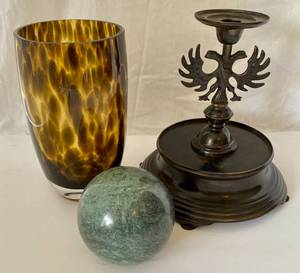 lot 75 image: Decorative Swirl Glass Vase, Renaissance style Flemish Brass Candle Holder and Green Nephrite Sphere Polished Natural gemstone Ball