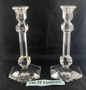 lot 92 image: Val Saint Lambert Pair of Crystal Gardenia Candlesticks