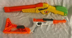 lot 154 image: Buzz Bee Air Warriors OverUnder Double shot Long Range Dart Blaster Nerf Sharp Fire with detachable stock and barrel