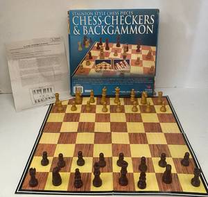 lot 110 image: Chess, Checker and Backgammon game board, Chess pieces only