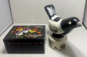 lot 25 image: Hand-Crafted Russian Wooden Trinket Box and Wooden Bird