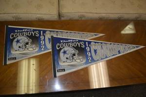lot 53 image: 2 Dallas Cowboys 1992 Superbowl Pennants with Signature