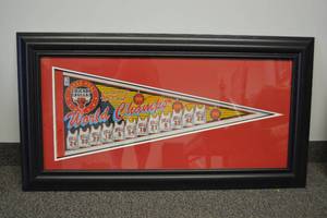 lot 8 image: Chicago Bulls 1993 Three-Peat World Champs Pennant with Signatures 41x 22