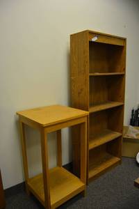 lot 64 image: 18 Square Table 33 Tall and Bookshelf 24W x 10D x 5Ft. Tall
