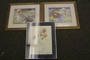 lot 32 image: Wall Art Bouquet of Flowers by Picasso Framed Print and Puppy Love 1 & 2 by C. Hartley