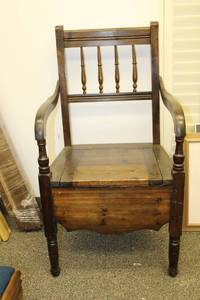 lot 12 image: Vintage Wooden Potty Chair with Hinged Door - Adult Size 20W x 21D x 39H