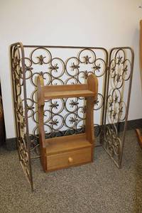 lot 34 image: Tri-Fold Iron Fireplace Screen and Decorative Wooden Shelf
