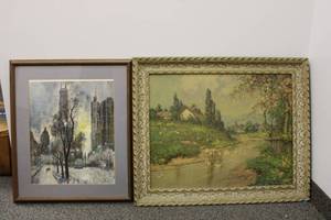 lot 37 image: Wall Art Chicago Print signed by artist and Vintage Landscape Print signed by artist 34x28