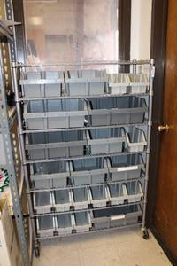 lot 206 image: Rolling Wire Metro Shelf with Grey BinsSorters