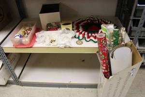 lot 208 image: Christmas Lot Wrapping Paper, Glass Ornaments, and Crocheted Centerpiece