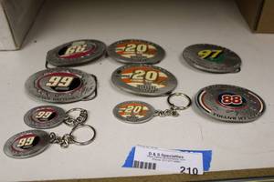 lot 210 image: Nascar Belt Buckles and Key Chains (#99, #20, #97, #88)