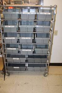 lot 218 image: Rolling Wire Metro Shelf with Grey BinsSorters