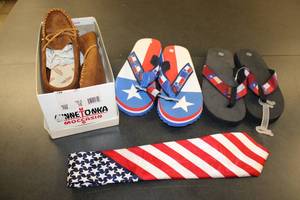 lot 265 image: Mens Shoes and Tie Fratello Hand Made Red, White and Blue Tie, Texas Flip Flops, and Brown Moccasins Size 10