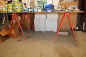 lot 310 image: Work Table with Orange Stands - 8Ft. X 4Ft CONTENTS NOT INCLUDED