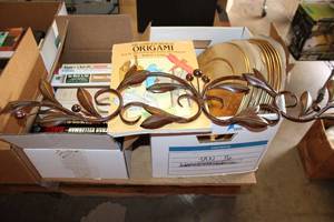 lot 414 image: Metal Wall Dcor, Gold Plate Chargers, Books, see pictures