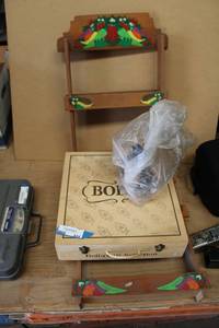lot 424 image: Wooden Spice Racks, Birdhouse with Star and Horseshoe, and Empty Wooden Bolla Box