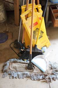 lot 527 image: Cleaning Supplies Wet Floor Signs, Brooms and Dust Pan