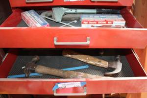 lot 530 image: bottom 2 drawers of tools , pipe wrench scraper gate locks hammers and more