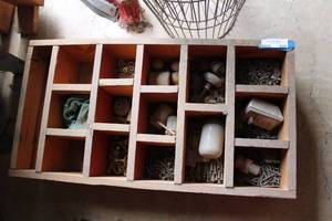 lot 532 image: wood box of sorted nails screws, and misc items