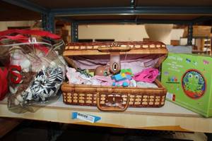 lot 554 image: Kids Lot Plush Toys, Baby Doll and Basket, Paint Your Own Ceramic Stepping Stones