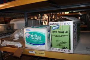 lot 568 image: Domed Hot Cup Lids, Beverage Napkins, Styrofoam Cups, Plastic Bags