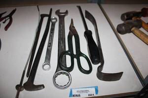 lot 601 image: Tools large Wrench, Pry Bars  and tin snips