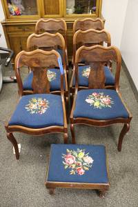 lot 38 image: Set of 6 Vintage Chairs with Foot Rest Embroidered Blue with Flowers Seats, Frame Etched Willard (One of the Chair Backs needs repair)