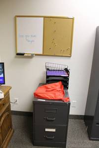 lot 67 image: CorkboardWhiteboard 3Ft. X 2 Ft., 2 Drawer File Cabinet with Key, Magazines and Paper Sorters
