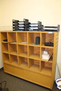 lot 79 image: Storage Shelf Unit and Contents (Paper Sorters and Credit Card Processors 5Ft.W x 12.5D x 54.5H