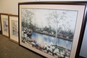 lot 87 image: Wall Art 3 Prints Largest Frame measures 41W x 32H Flowery Pond and 2 Cottage Scenes