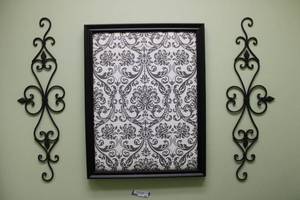 lot 91 image: Wall Dcor Wire Hangings and Framed Cushioned Fabric Piece 21W x 27H