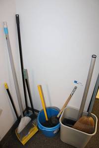 lot 93 image: Cleaning Supplies Brooms and Dust Pans, Buckets and Plungers