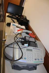lot 110 image: Misc. Office Lot Samsung Monitor, Keyboard, 3-Hole Punch, Paper Cutter, HP Office Jet K80xi Printer