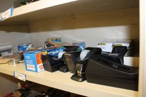 lot 138 image: Office Supplies Tape Dispensers, Staplers, Ideal Clamps, magnifying Glass