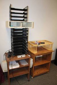 lot 201 image: Rolling Carts (One has Speakers Attached) and Paper Sorting Trays, Plus Wooden Lap Tray (Tilt needs Reglued)