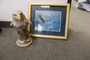 lot 202 image: Eagle Lot Eagle Head Statue Ascendent by Stephen Herrero and Soaring Eagles Print by Ted Blaylock 11 x 14