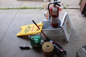 lot 846 image: Fire Extinguisher, 2-Ton Trolley Jack, Poison Ivy Killer, Step Stool, Multi-Purpose Absorbent, Sand Bags