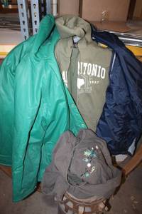 lot 730 image: Clothes Hoodies (L and XXL) and Raincoat Jackets (Blue Size Small, Green Size XL)