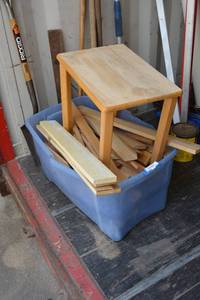 lot 885 image: Tub of Extra Wood Pieces and Small Table