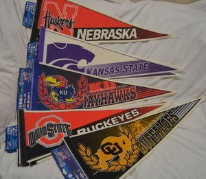 lot 298 image: College Pennants Nebraska, Kansas State, KU, Ohio State, CU