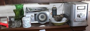 lot 10 image: Sony portable stereo, glass items on fireplace