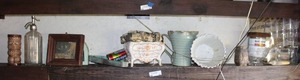 lot 12 image: Contents of middle shelf vintage glass and seltzer jar and more