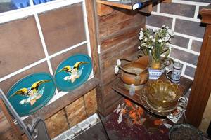 lot 21 image: Lower corner shelf contents vintage glass and stein, brass kettle
