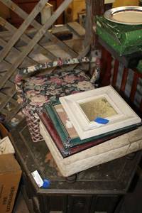 lot 48 image: Vintage pictures sewing box and foot stool