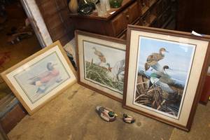 lot 57 image: Duck Lot, 2 James Partee Jr prints, Wood carved and Ceramic duck
