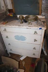 lot 90 image: Dresser 36W x 19D x 41H  and top contents vintage items