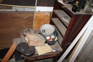 lot 107 image: Side table and vintage shelves and contents (lot 106 not included)