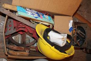 lot 112 image: Misc. box of tools and  plow parts
